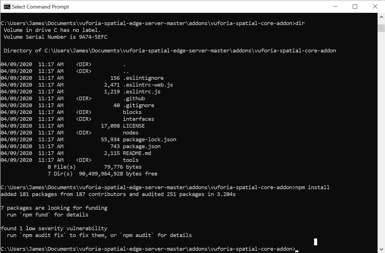 Command Prompt containing cd into addons directory then npm install