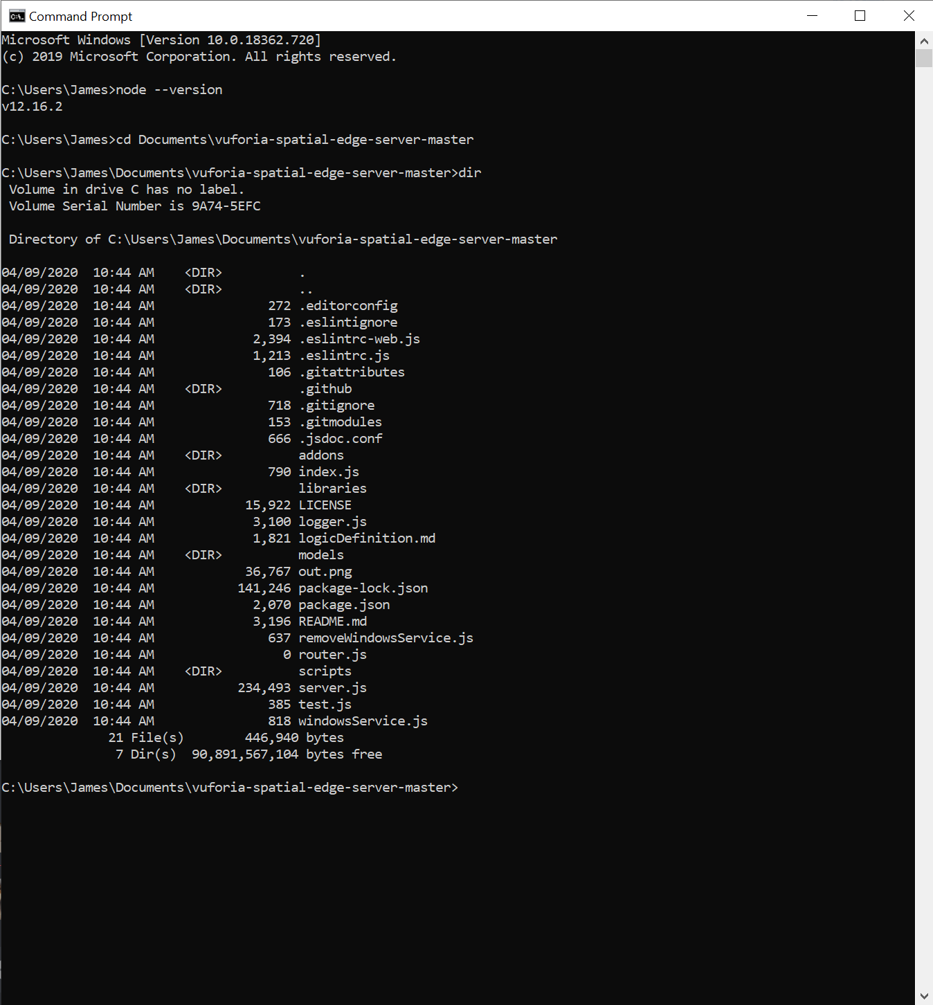 Command Prompt output with cd to the edge server directory followed by dir